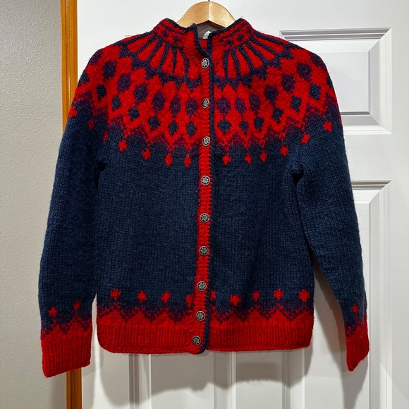 Norway Chunky Knit Fair Isle Wool Cardigan Red Blue Handknit - Picture 4 of 10
